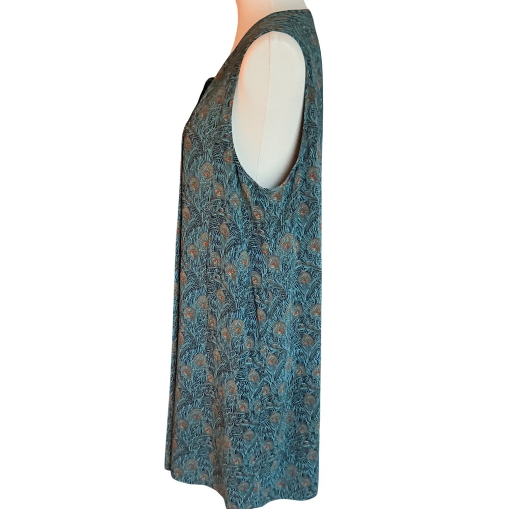 DR2 Womens Peacock Feather Print Sleeveless Pleated Shift Dress Teal‎ Blue L - Picture 4 of 9